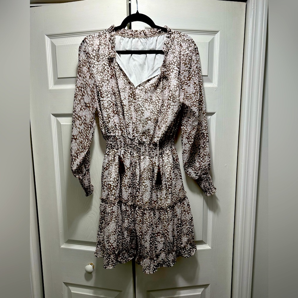 Brown and beige print mini dress